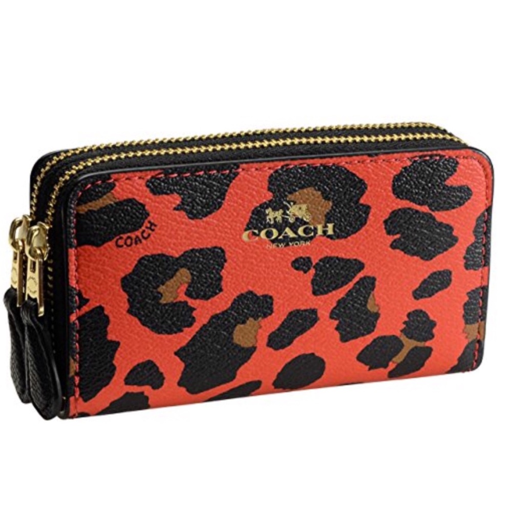COACH SMALL DOUBLE ZIP COIN CASE IN LEOPARD PRINT